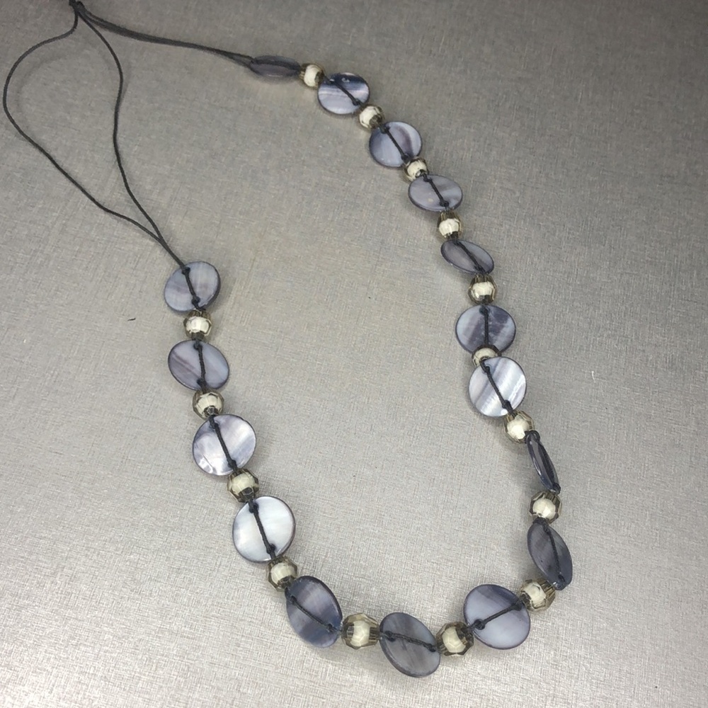 Blue Mother-of-Pearl Disc Necklace with Silver Beads